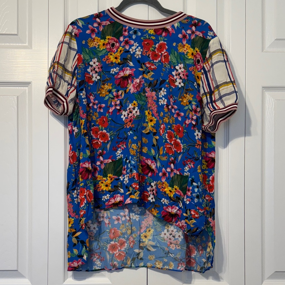 Zara Blue Floral Mixed-Print Short Sleeve Top